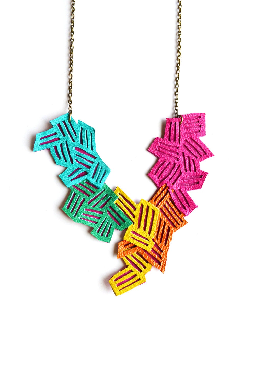 Neon Geometric Necklace Leather Color Block Stripes