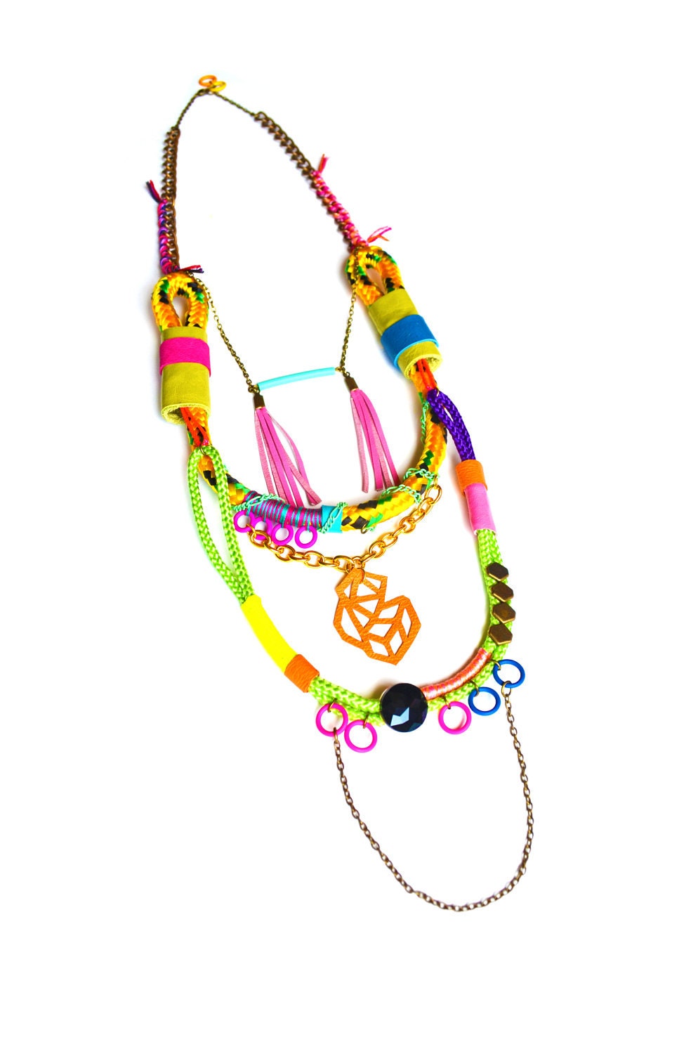 Neon Rope Necklace Tribal Triangle and Leather Wrap
