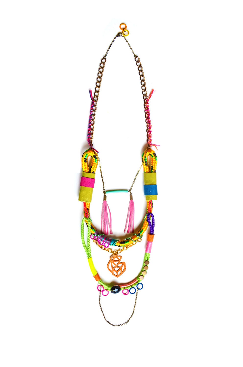 Neon Rope Necklace Tribal Triangle and Leather Wrap
