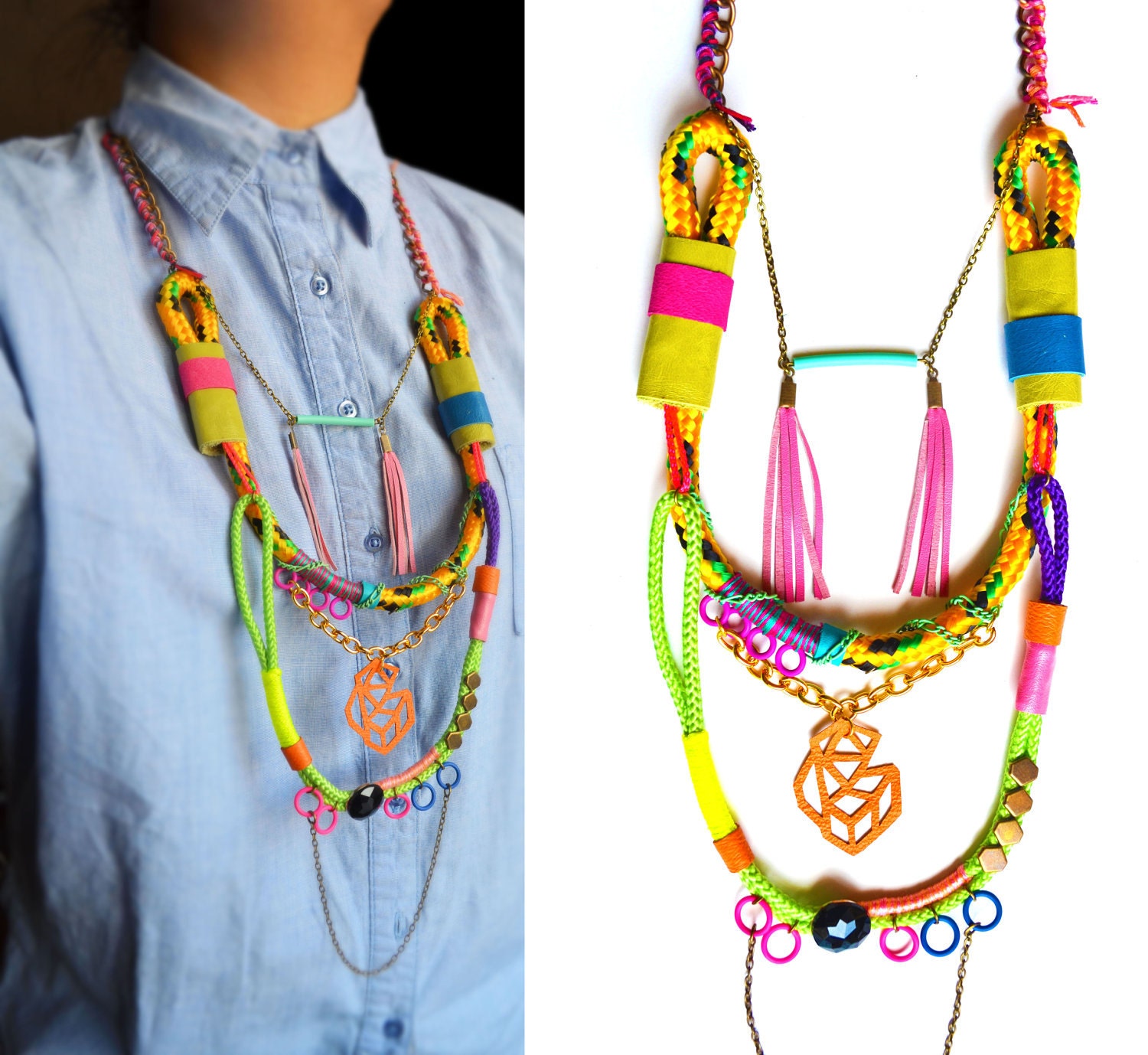 Neon Rope Necklace Tribal Triangle and Leather Wrap