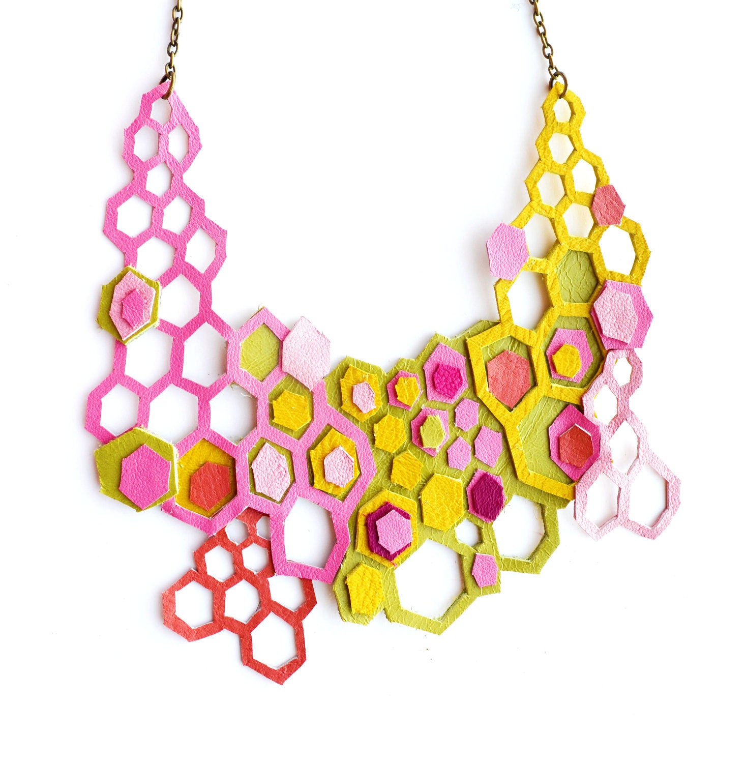Neon Leather Necklace Molecular Geometric Hexagons