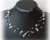 Three Strand Illusion Bridal Necklace With Clear Crystals On Invisible Cord, Wedding Accessory, Bridal Jewelry