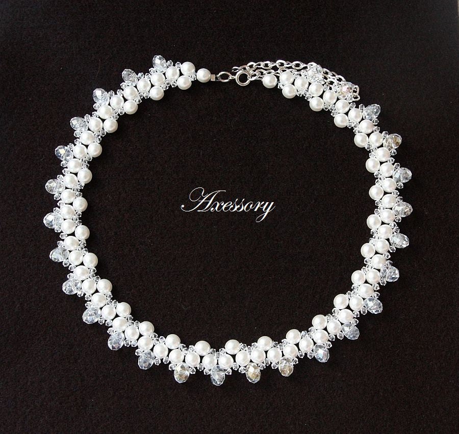 Sparkling White Pearl And Clear Swarovski Crystal Woven Necklace, Perfect For Brides Or Bridesmaids