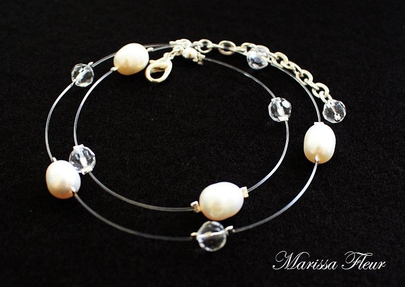 Illusion Necklace With Freshwater Pearls And Clear Crystals, Perfect For Brides And Bridesmaids, Matching Bracelet And Earrings Available