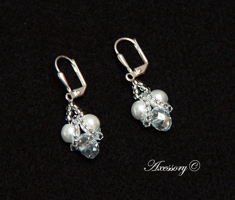 BRIDES EARRINGS With White Pearls, Clear Crystals And Seed Beads