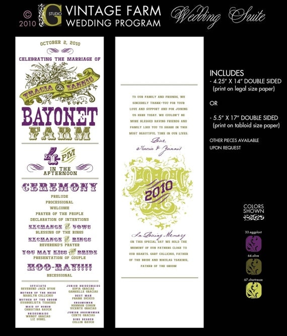 VINTAGE FARM Wedding Program - Custom Colors and sizing available