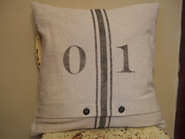 Modern French Grain Sack Pillow with Gray Stripes and 01