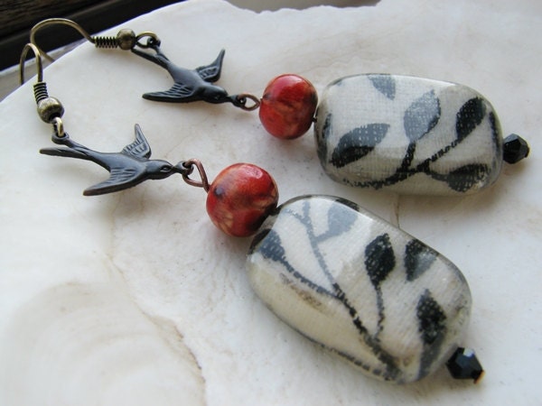 Antique Brass Earrings Bird Leaf Fabric Wood Bohemian