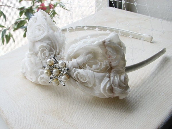 Ivory Bow Headband Bridal Rosette Birdcage Veiling Vintage Centerpiece