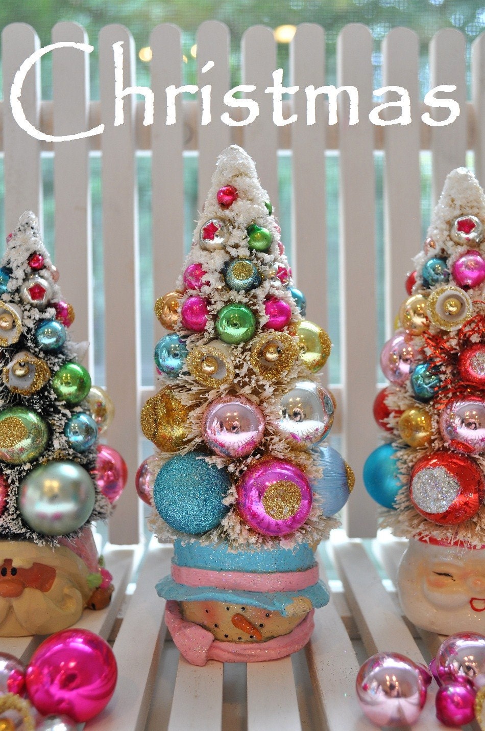 Bottle Brush Tree Snowman Pink & Aqua Christmas Dream Sweet Sugared Bells glass ornaments garland Chic bottlebrush