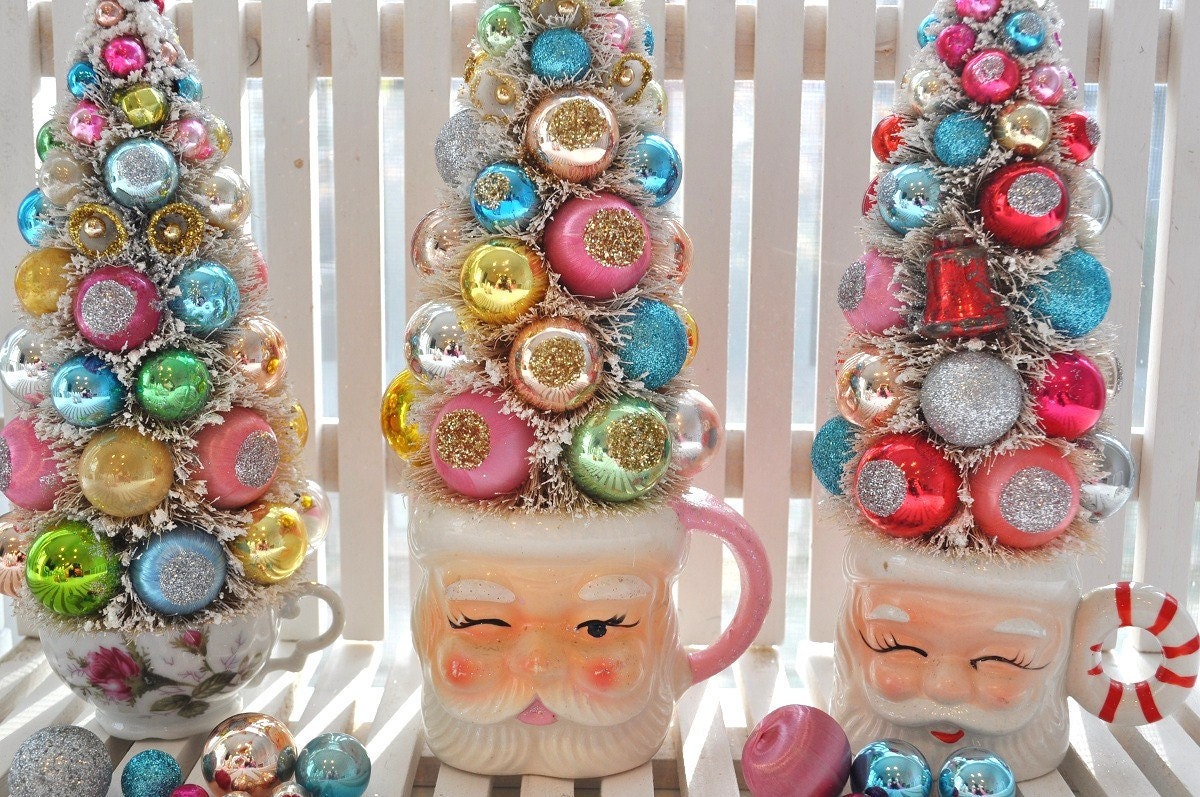 Tall Pink Santa Christmas Bottle Brush Tree Sweet Sugared Bells glass ornaments garland Shabby Chic pink bottlebrush black friday