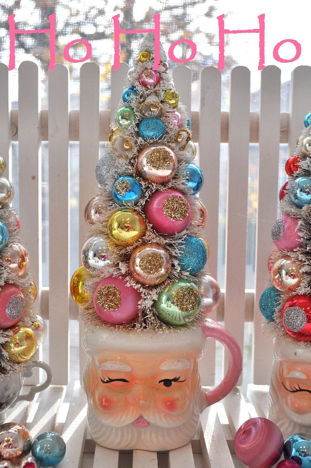 Tall Pink Santa Christmas Bottle Brush Tree Sweet Sugared Bells glass ornaments garland Shabby Chic pink bottlebrush black friday