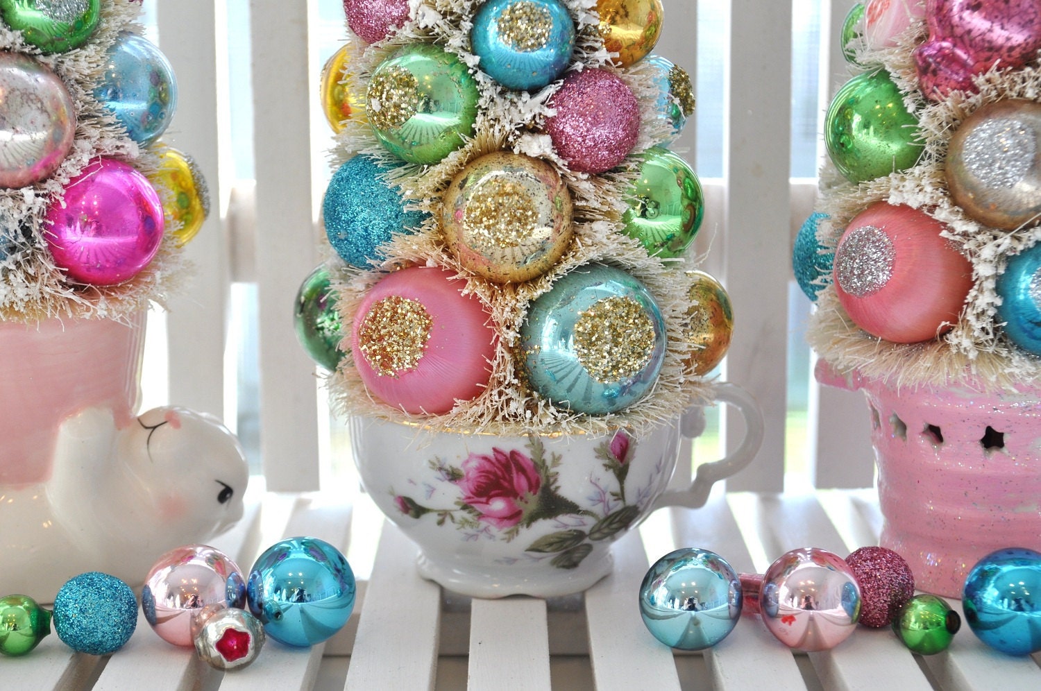 Pink Teacup Bottle Brush Tree Aqua Christmas vintage Sugared Bells glass ornaments garland Chic bottlebrush