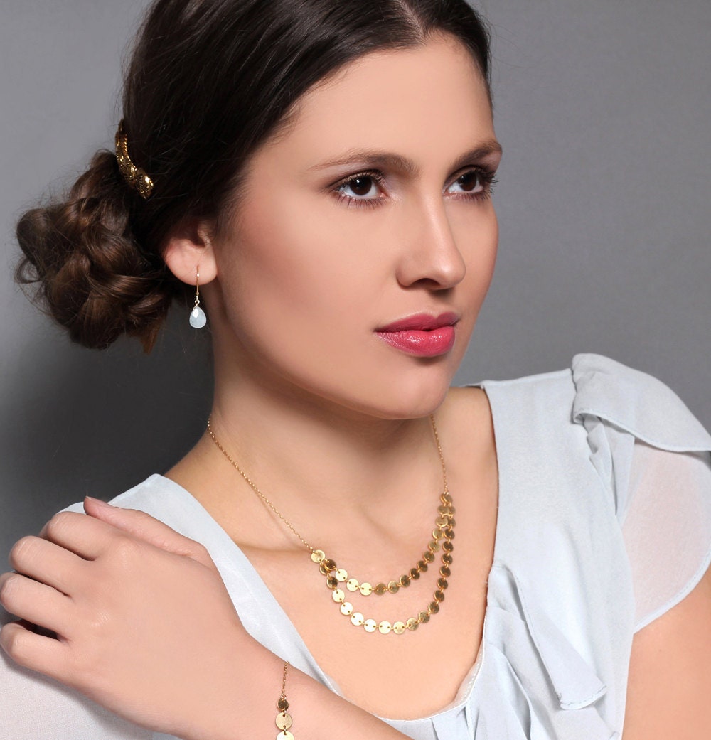 Double Flat Circles Row Necklace,  24K gold plated brass