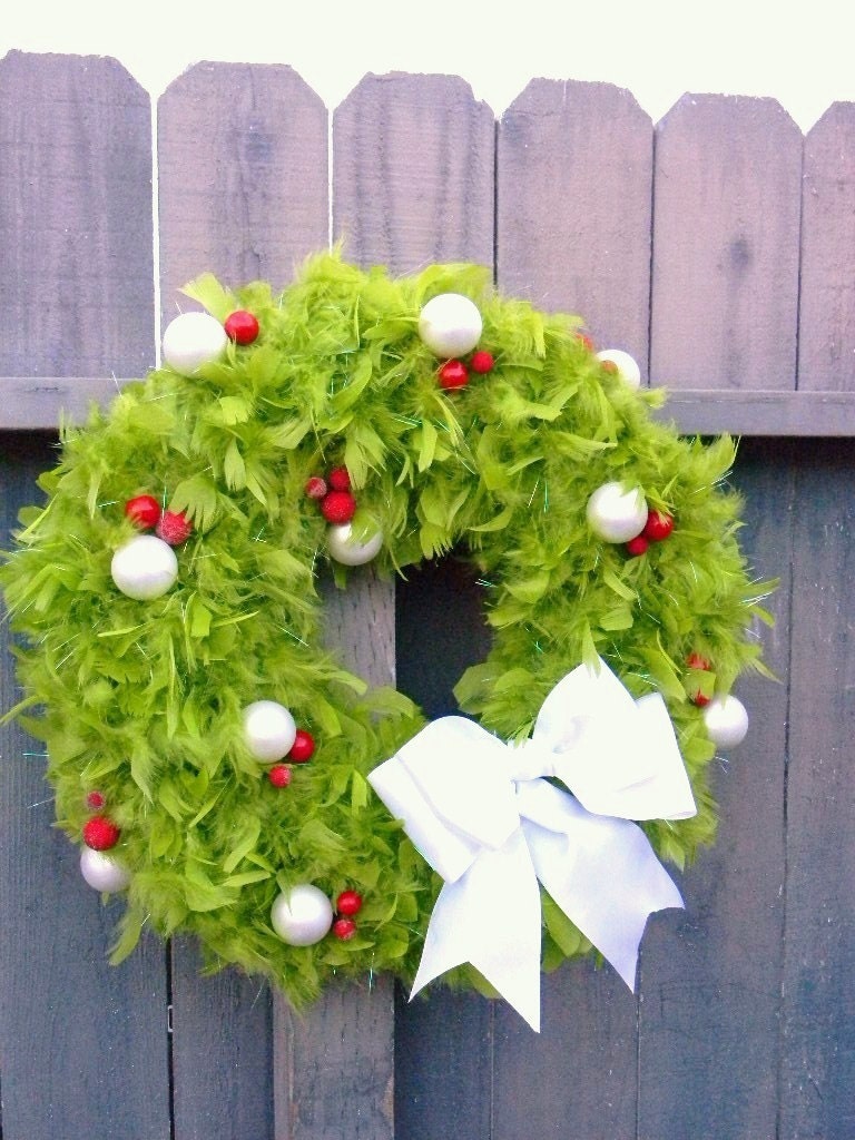 White Dots,Green Feathers  Your Favorite Christmas Wreath