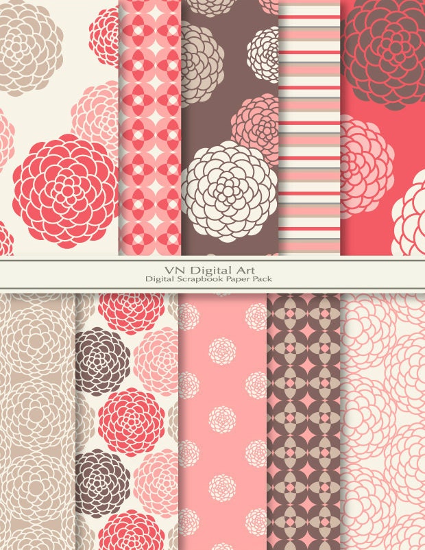 Round Flower Digital Scrapbook Paper Pack (8.5x11"-300 dpi) -- Instant Download -- 10 Digital papers -- 303