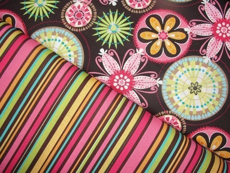 Michael Miller Fabric, Carnival Bloom and Cha Cha Stripe, Full Yard Set, 2 Yards Total