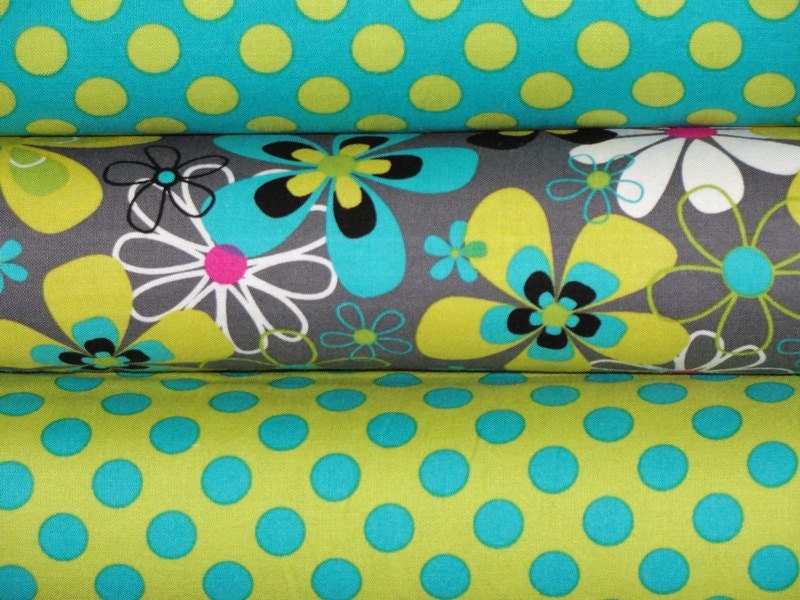 Michael Miller Fabric, Full Yard Bundle, Far Out Floral and Ta Dot, 3 Yards Total