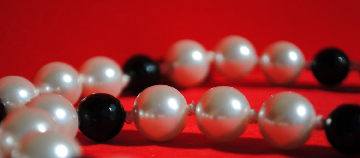 Handmade Black and White Necklace--South Sea Shell Pearl and Onyx Artisan Necklace Gold Filled 19 inches