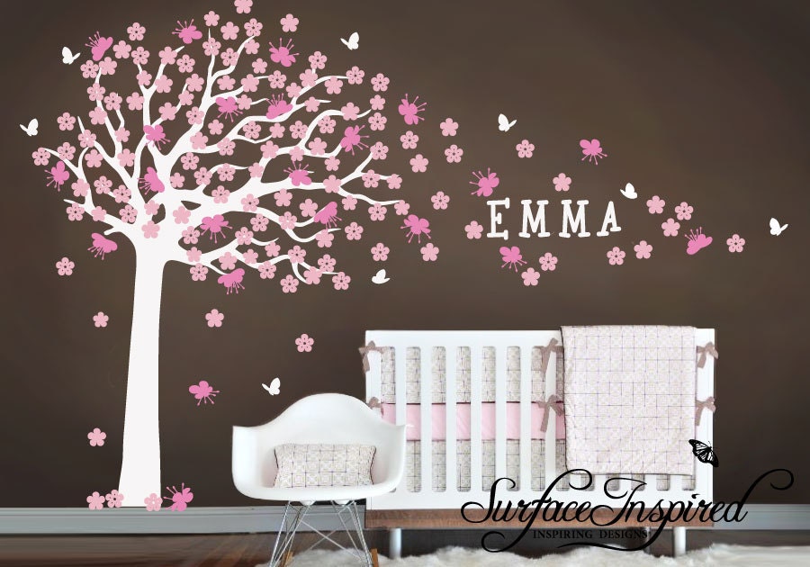 Wall Decals Nursery - Large cherry blossom tree with pink and soft pink blossoms - Baby Tree Wall Decals 900