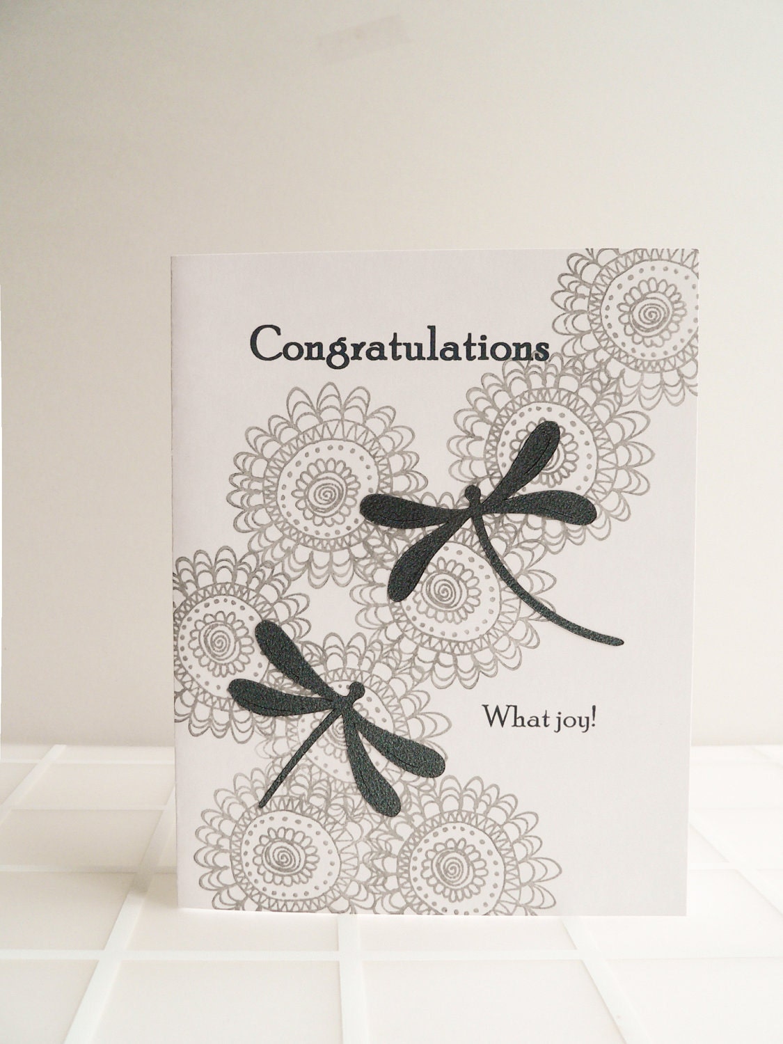 Handmade Wedding Card - dragonflies, floral, lace like, joy, congratulations, Wedding, Anniversary, white, grey