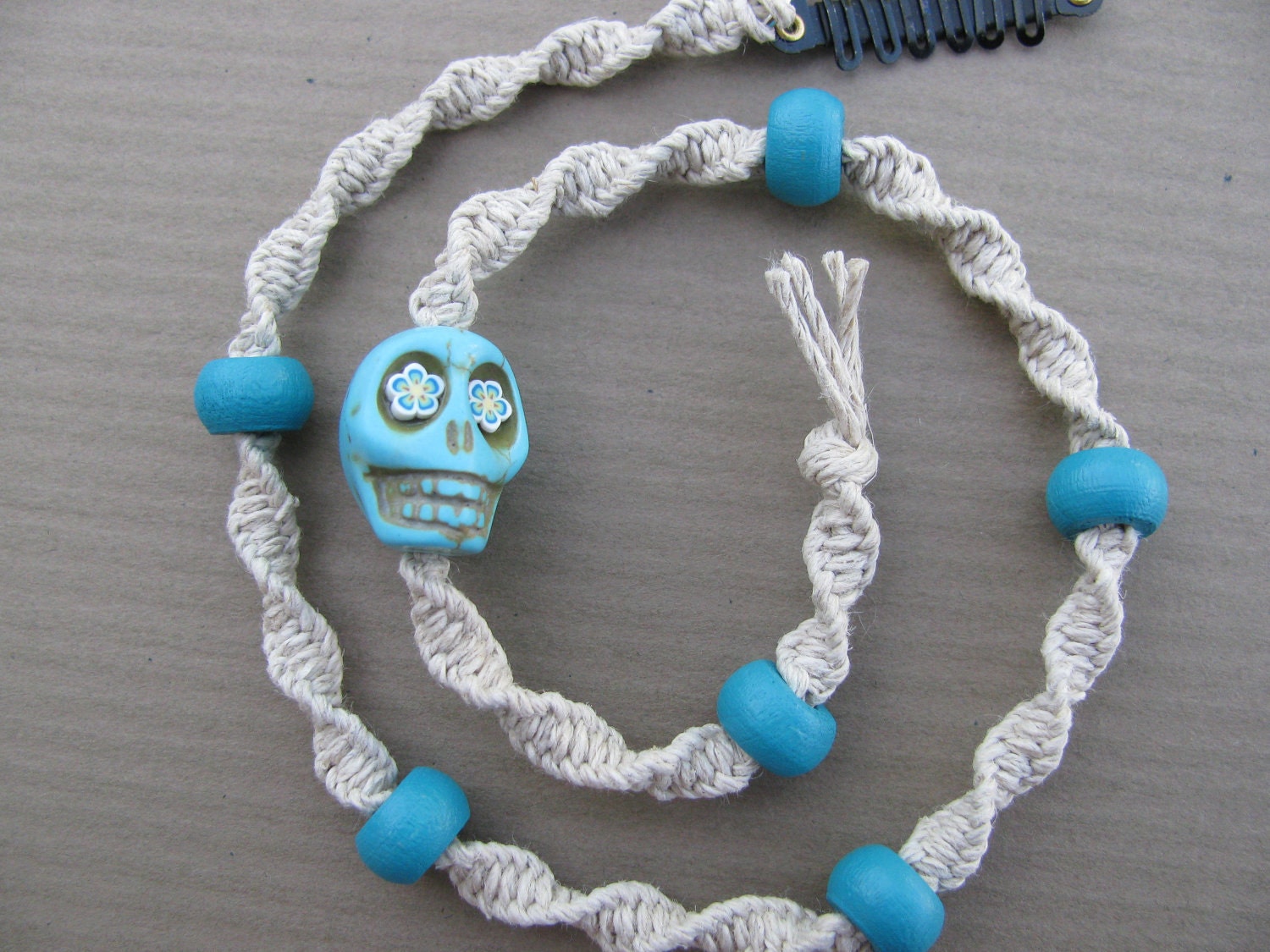 Hemp Hair Wrap Extension with turqouise wood beads and day of the dead sugar skull bead