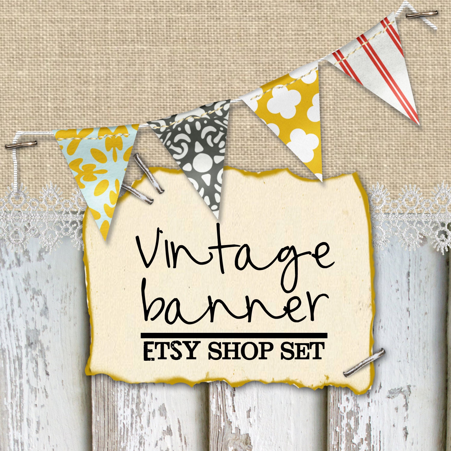 Vintage Modern Etsy Shop Banner Set. Rustic. Staples, Bunting, Shabby Chic, Spring Shop Makeover Series.