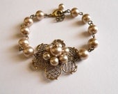 Pearl Flower Bracelet - Bronze pearls Bracelet, Pearls flower, Antiqued brass flower, wedding bronze bracelet, Free Shipping, gift