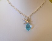 Aqua Blue Sparrow Pendant Necklace, Statement Necklace, Lariat, Gift, Jeans Necklace, Bridal, Silver