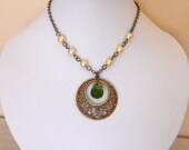 Vintage Pendant Necklace, Statement Necklace, Lariat, gift, green briolette, gold pearls