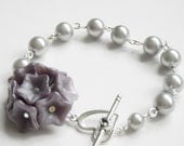 Purple Flowers Charm Bracelet, Silver pearls necklace, wedding bracelet, pearls necklace, bridal