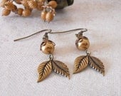 Vintage Leaves Dangle Earrings, Drop Earrings, , golden  pearls, Vintage earrings, Wedding, Bridal Earrings, Gift