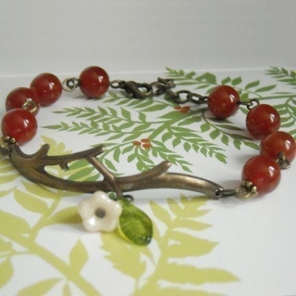Free Shipping Twig red agate Bracelet , Flower and leaf, Charm Bracelet, Cull, Friendship bracelet, Christmas bracelet, Gift, Brass Branch