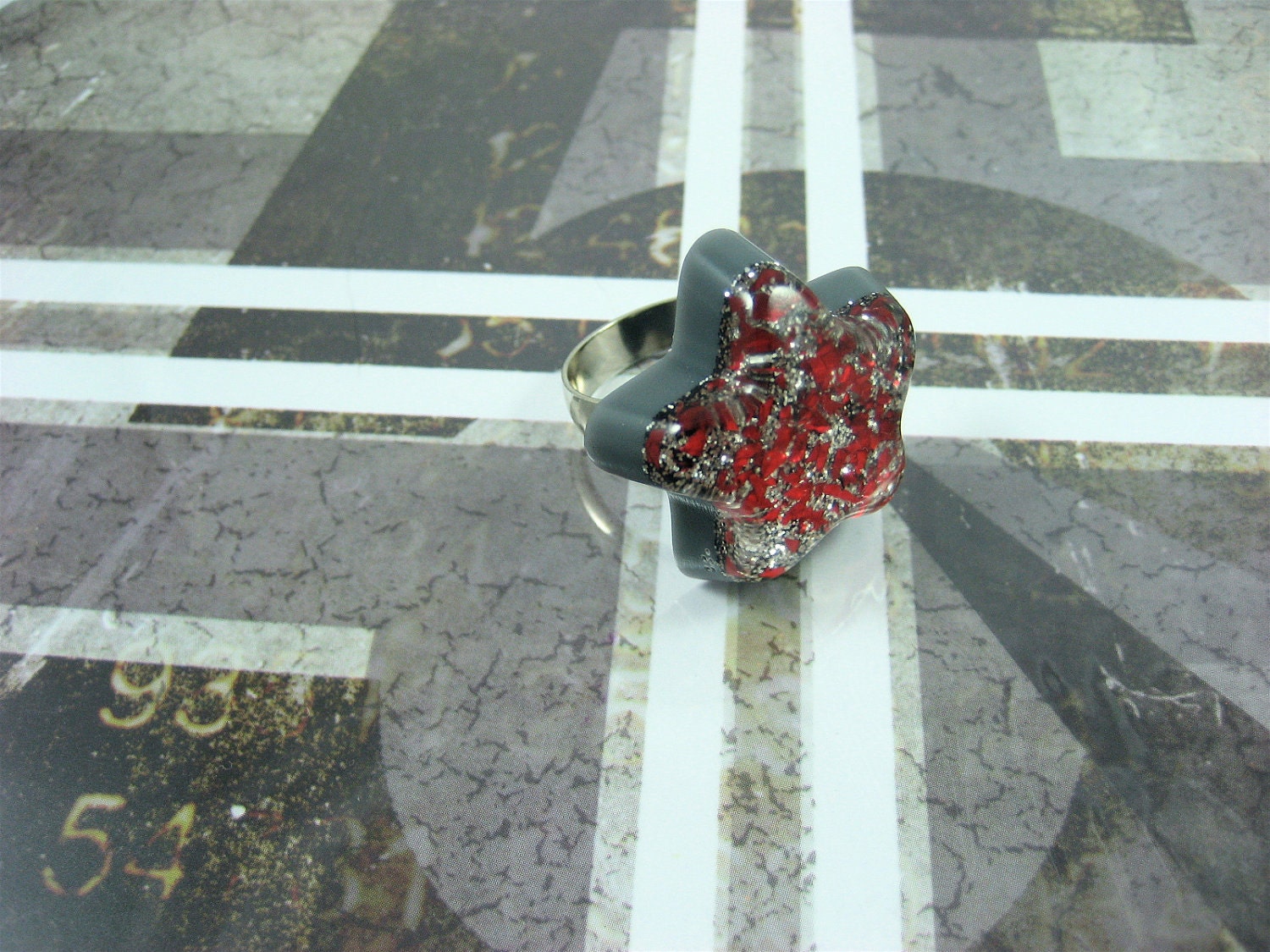Red, Silver Foil Flake Black Glitter Sparkle Shooting Star Resin OOAK Adjustable Ring
