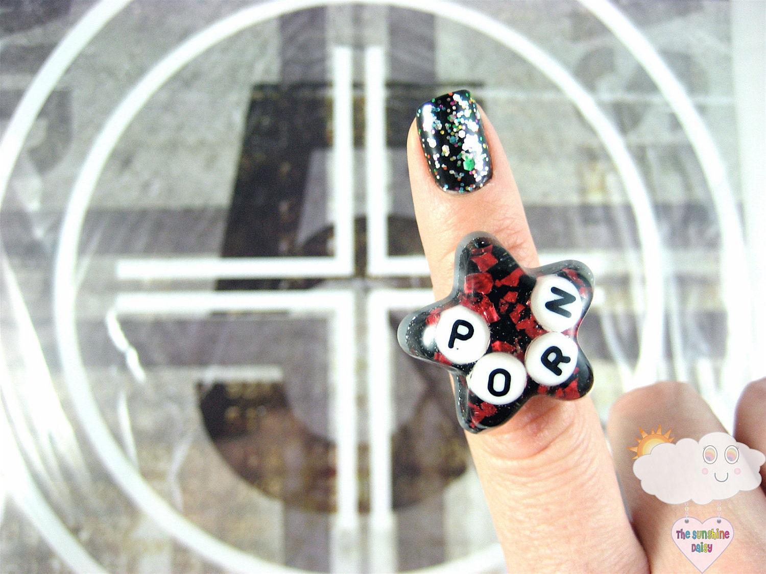 Red and Black PORN STAR Glitter Shooting Star Resin OOAK Adjustable Ring