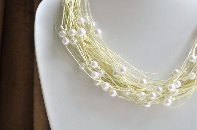 Not only for the bride ivory linen necklace with white pearls