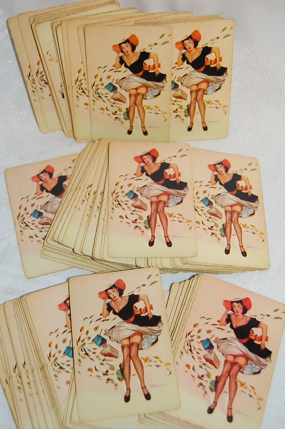 Sexy Glamour Girl Cheesecake Raven Haired Pin Up Beautiful Woman Playing Cards Lot of Three Full Sets Plus Antique Velvet Box 162 Cards