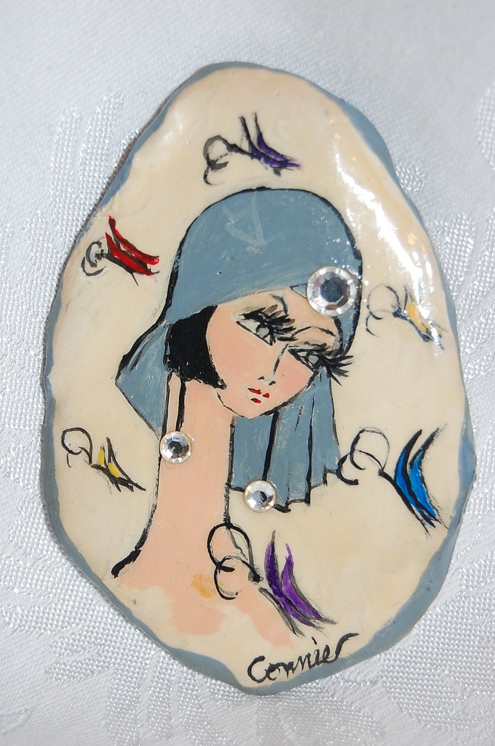Black Haired Flapper Woman with Butterflies Brooch Handmade Small Glamorous Work of Original Art