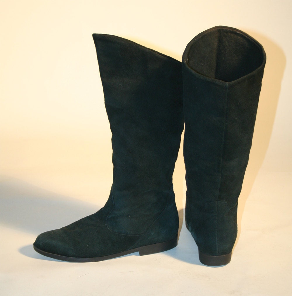 80's Vintage Slouchy Black Suede Knee High Pirate Boots