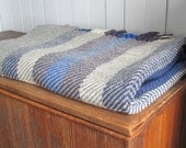Wool Twill Blanket, Handwoven, Seaside Cottage, Rustic Cabin, Farmhouse Home Decor, Nautical Stone Gray, Ivory, Ocean Blue, Couch Throw