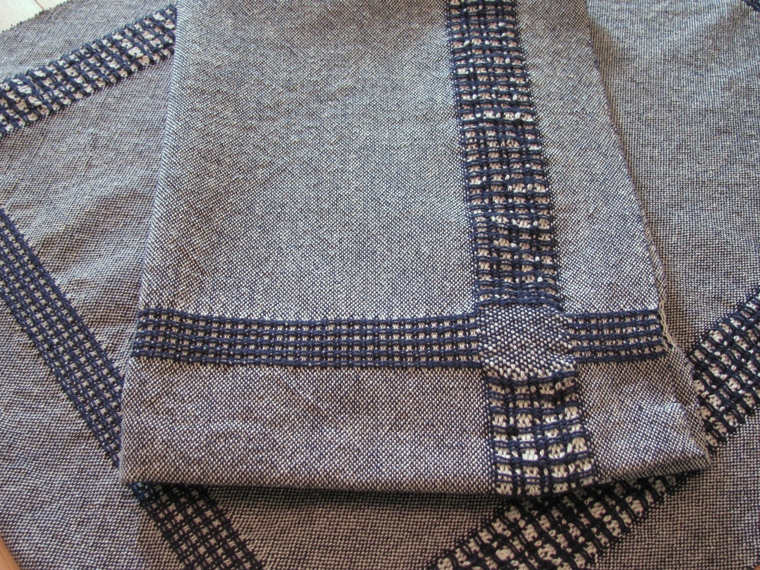 Artisan Kitchen Hand Towel, Handwoven Navy Blue & Ivory Cotton, Textured Lace Border, Cottage, Country Cabin, Farmhouse Rustic Home Decor