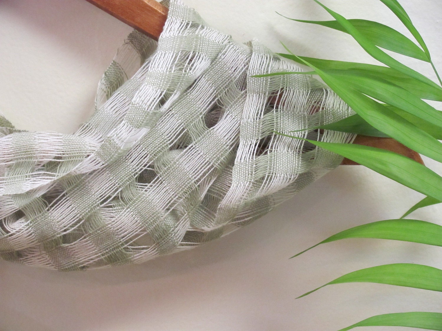 Scarf, Handwoven Lace, Lightweight Sage Mint Green & Ivory Cotton Lattice, Summer Beach Cottage, Spring Morning, Summer Evening Fashion