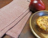 Kitchen Chef's Towel, Handwoven Cranberry & Tan Herringbone Twill, Cotton, Farm Cabin Country Cottage Home Decor, Gourmet Cook Foodie Gift