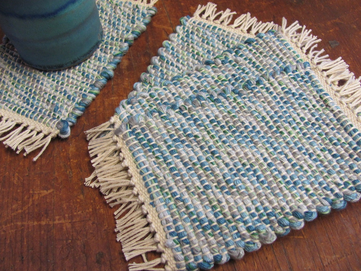 Tea Cup, Coffee Mug Coasters, Hand Woven, Cotton, Sea Blue, Beach Cottage, Country Cabin, Lakeside Home Decor (Set of 4)