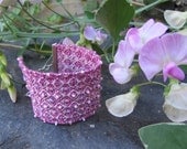 Cuff Bracelet, Anklet, Hand Woven Sweet Pea Pink, Lavender & Ivory Cotton, Glass Beading, Bohemian, Folk, Tribal, Funky Fiber Art Fashion