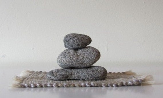 Zen Meditation Stacking Stone Cobble Rock Cairn, Natural Fiber Handwoven Mat, Shelf, Bookcase, Desk, Window Sill, Peace, Tranquility, Calm