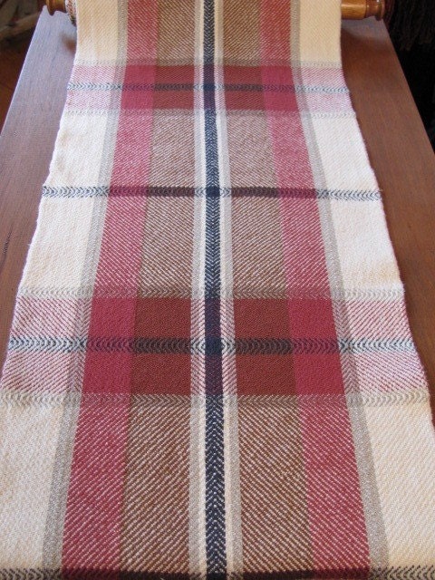 Cranberry Red, Barn Brown, Navy Blue and Ivory White Plaid Handwoven Cotton Table Runner 72"