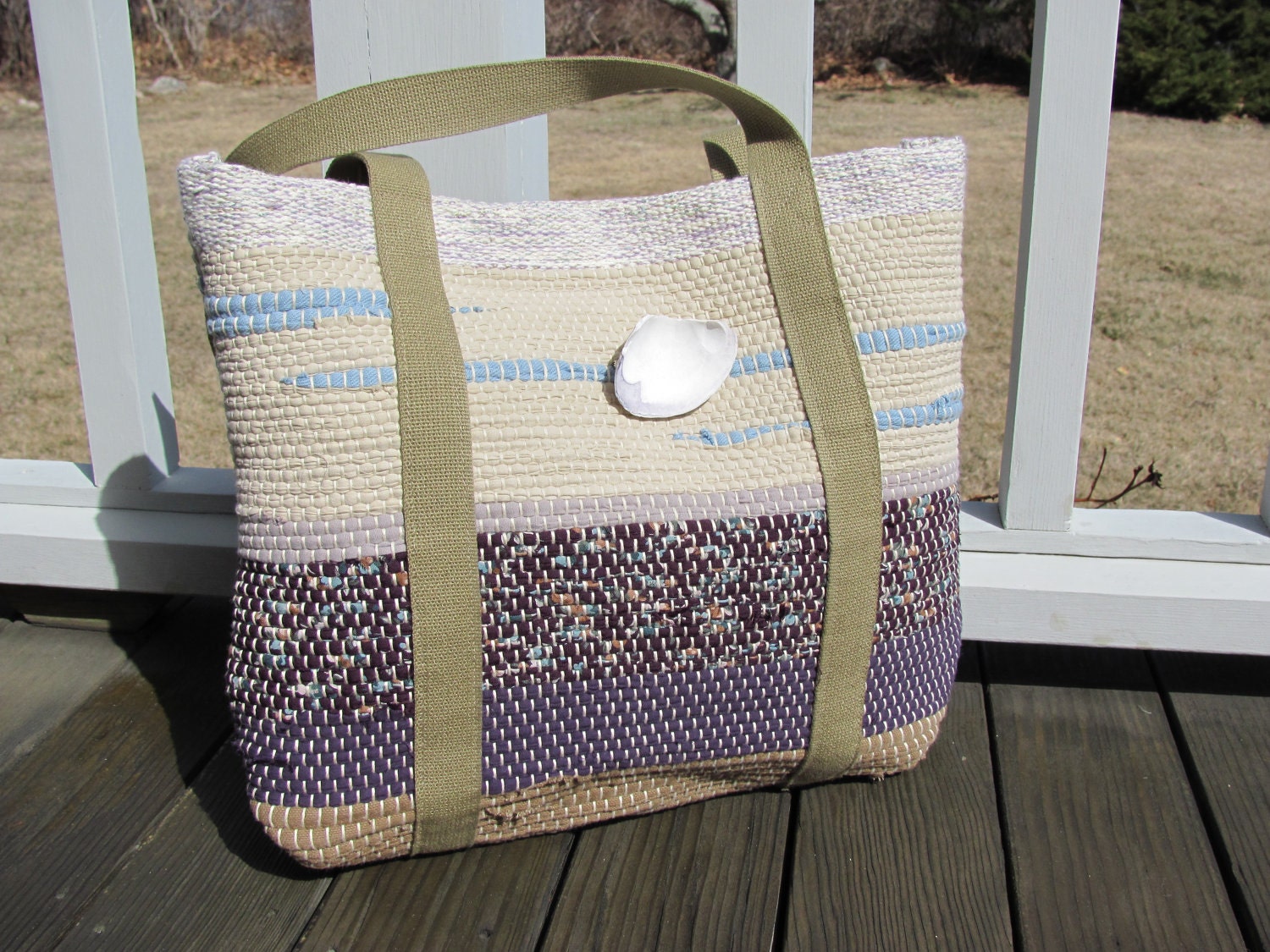 Recycled Rag Bag, Handwoven Cotton, Purple Lavender Landscape Shoulder Bag, Small Tote, Art Purse, Spring, Summer, Fall Womens Fashion