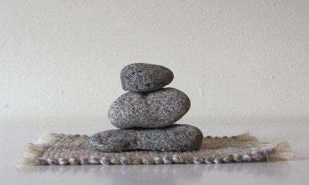 Zen Meditation Stacking Stone Cobble Rock Cairn, Natural Fiber Handwoven Mat, Shelf, Bookcase, Desk, Window Sill, Peace, Tranquility, Calm