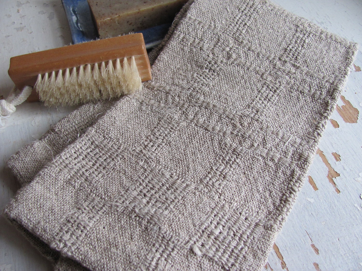 Natural Rustic Linen Hand Woven Hand or Bath Towel, Textured Pattern Weave, Cottage, Cabin, Country, Home Spa, Beauty, Body & Skin Care